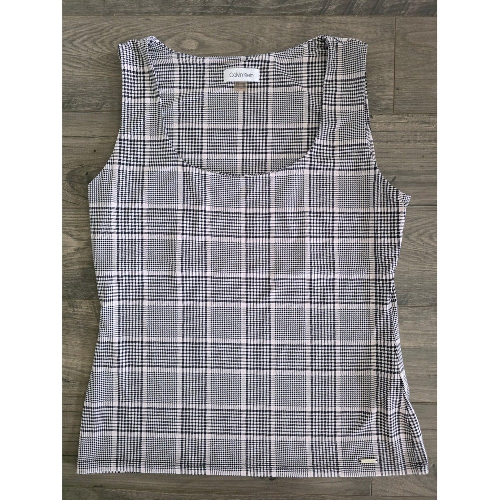 Women's sz L Calvin Klein Glen Plaid Scoop Neck Tank Top Black White Pink